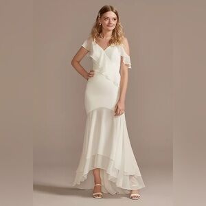 DB Studio Soft White Asymmetrical Chiffon Dress with Ruffled Hem EUC SZ 8